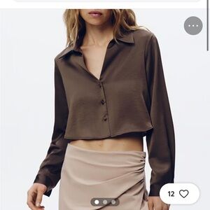 Zara Chocolate Brown Button Down cropped collared Shirt size S